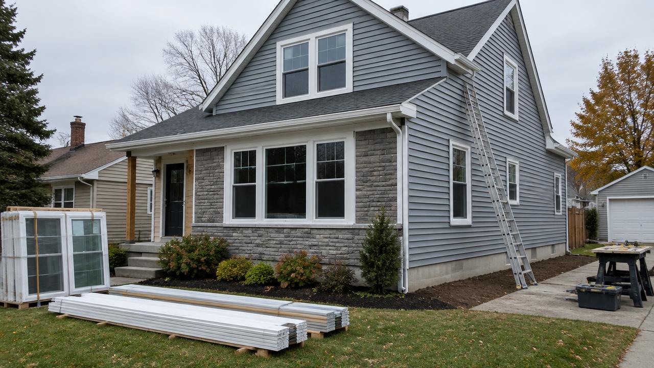 Home exterior with new siding and windows, materials staged neatly in the yard