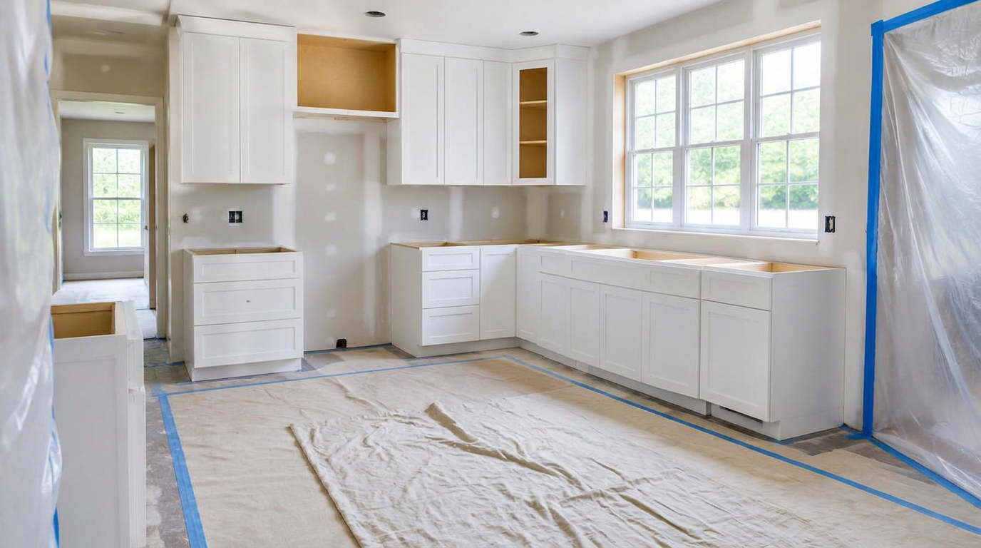 Kitchen mid-renovation with new cabinets installed and the floor protected