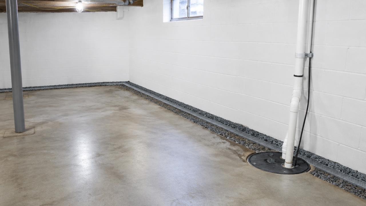Basement with a new interior drainage system and sump pump