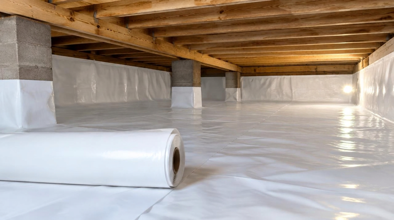 Crawlspace being encapsulated with a white vapor barrier